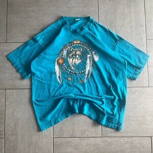 Vintage Wolf Dreamcatcher Graphic T-Shirt Teal Single Stitch Mens XL
